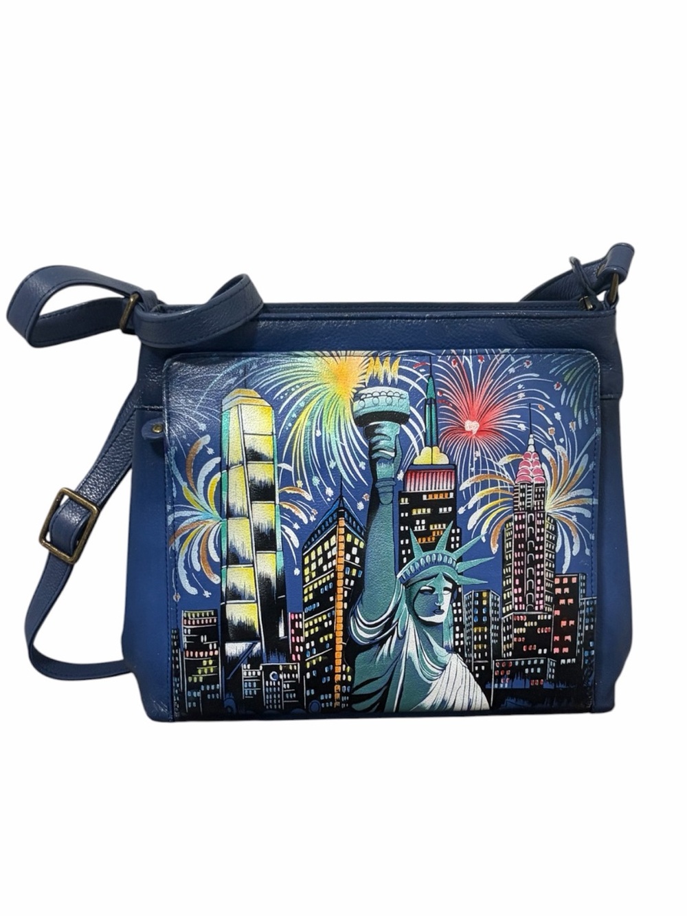 Anuschka “Lady Liberty” New York Cityscape Hand Painted Shoulder Crossbody